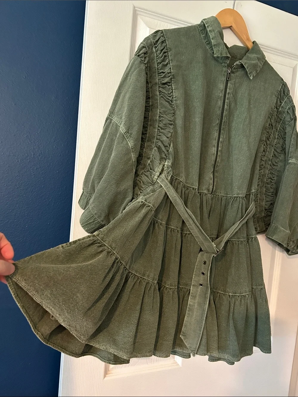 Free People Olive Green Textured Zip-Front  Dress